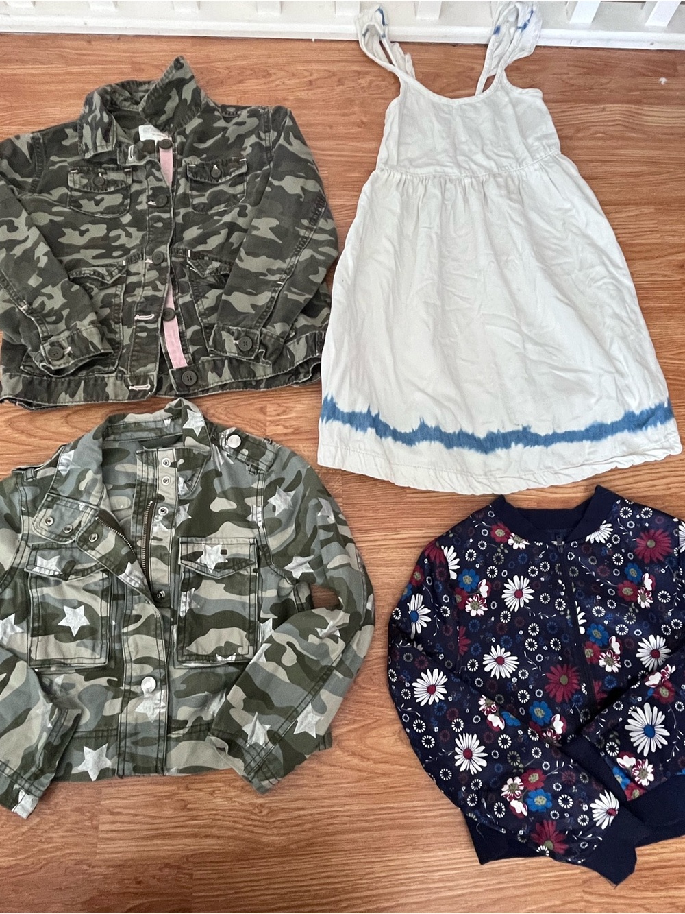 7-8 Girls Mix & Match Outfit Lot - Camo Jackets, Floral Cardigan, White Dress